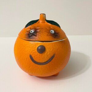 Vintage Orange Anthropomorphic Smiling Fruit Ceramic Sugar Bowl Googly Eyes
